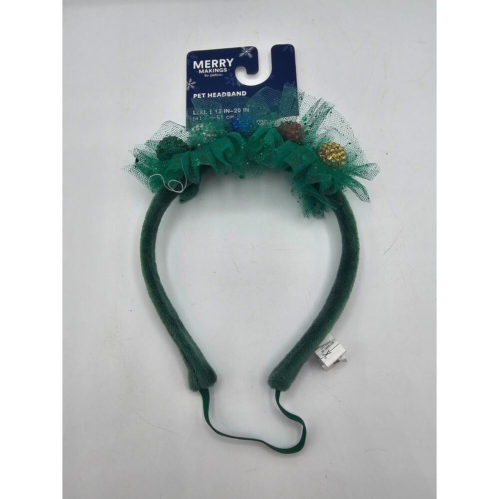 Merry Makings green pet headband adorned with tinsel and small ornaments